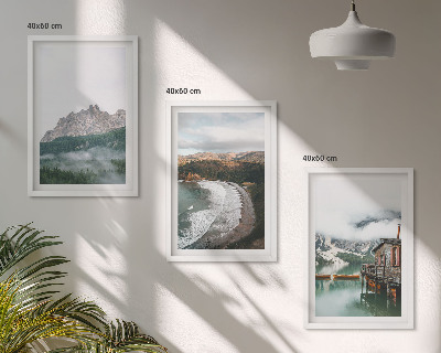 Lot de 3 tableaux pour salon Maison en bois sur les plages de montagne