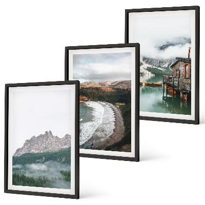 Lot de 3 tableaux pour salon Maison en bois sur les plages de montagne