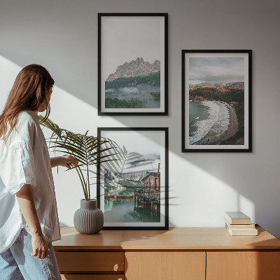 Lot de 3 tableaux pour salon Maison en bois sur les plages de montagne