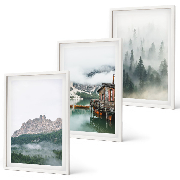 Cadre photo mural Montagnes, lac, chalet, brouillard