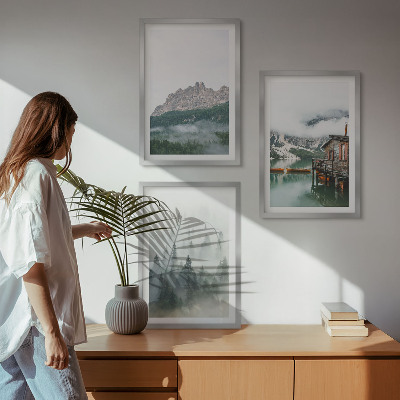 Cadre photo mural Montagnes, lac, chalet, brouillard