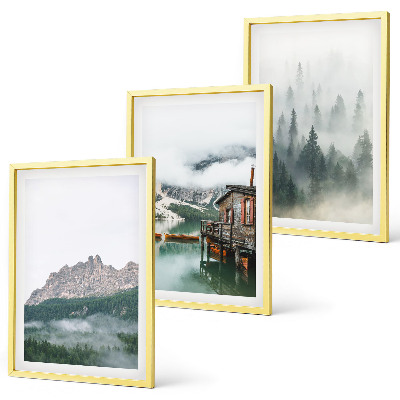 Cadre photo mural Montagnes, lac, chalet, brouillard