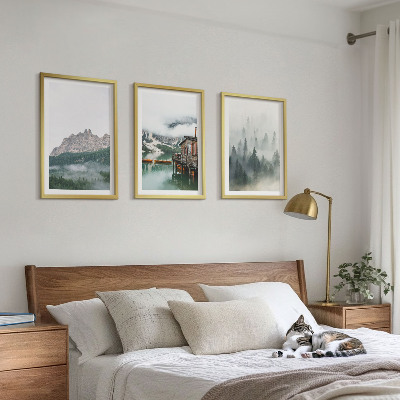 Cadre photo mural Montagnes, lac, chalet, brouillard