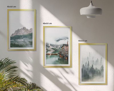 Cadre photo mural Montagnes, lac, chalet, brouillard