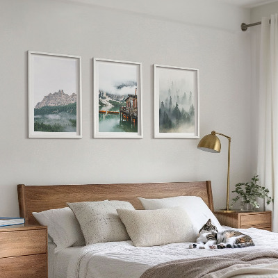 Cadre photo mural Montagnes, lac, chalet, brouillard