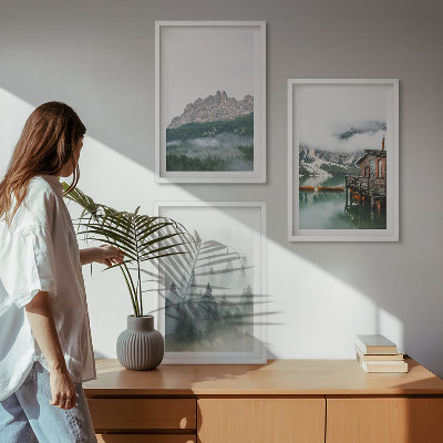 Cadre photo mural Montagnes, lac, chalet, brouillard
