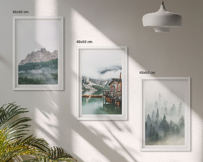 Cadre photo mural Montagnes, lac, chalet, brouillard