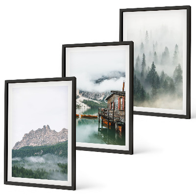 Cadre photo mural Montagnes, lac, chalet, brouillard
