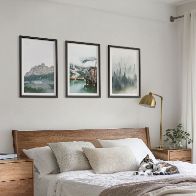 Cadre photo mural Montagnes, lac, chalet, brouillard