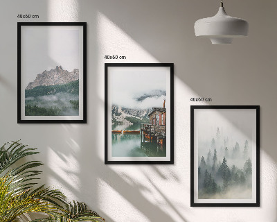 Cadre photo mural Montagnes, lac, chalet, brouillard