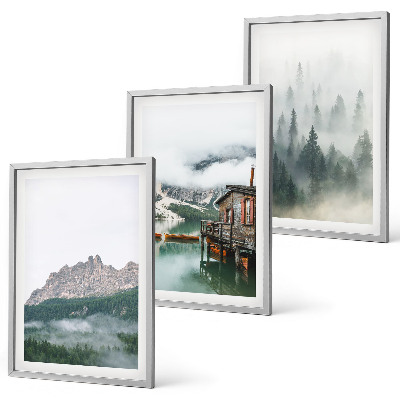 Cadre photo mural Montagnes, lac, chalet, brouillard