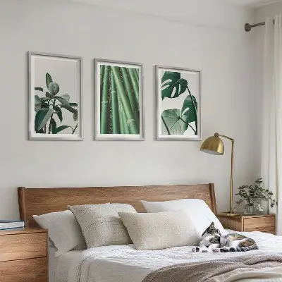 Lot de 3 tableaux pour salon avec motif de tiges de bambou et feuilles de monstera
