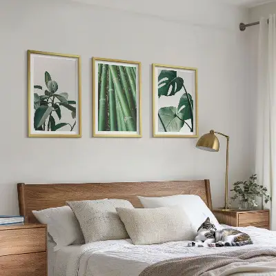 Lot de 3 tableaux pour salon avec motif de tiges de bambou et feuilles de monstera