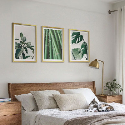 Lot de 3 tableaux pour salon Tiges de bambou et feuilles de monstera