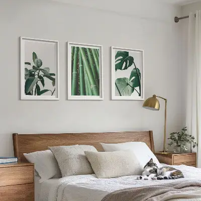 Lot de 3 tableaux pour salon avec motif de tiges de bambou et feuilles de monstera