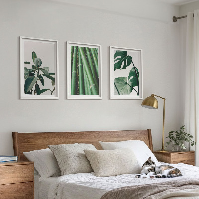 Lot de 3 tableaux pour salon Tiges de bambou et feuilles de monstera