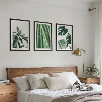 Lot de 3 tableaux pour salon avec motif de tiges de bambou et feuilles de monstera