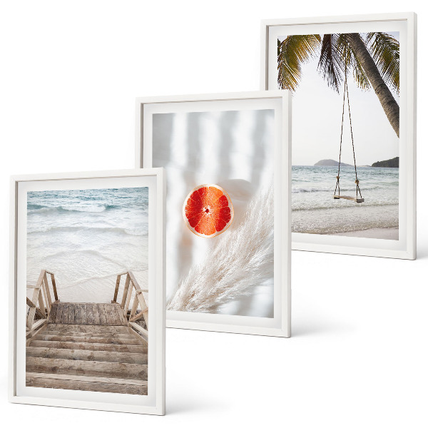 Lot de 3 tableaux pour salon Vacances sur la plage avec escaliers en bois