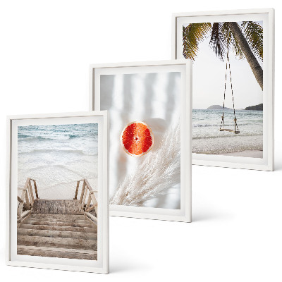 Lot de 3 tableaux pour salon Vacances sur la plage avec escaliers en bois