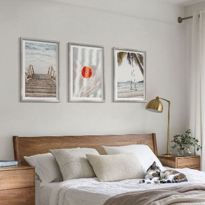 Lot de 3 tableaux pour salon Vacances sur la plage avec escaliers en bois