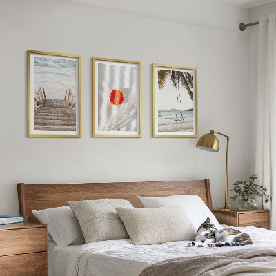 Lot de 3 tableaux pour salon Vacances sur la plage avec escaliers en bois