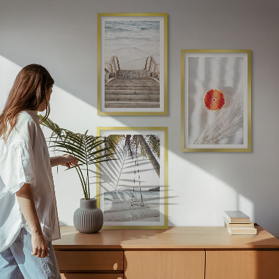 Lot de 3 tableaux pour salon Vacances sur la plage avec escaliers en bois