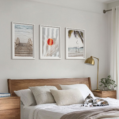 Lot de 3 tableaux pour salon Vacances sur la plage avec escaliers en bois