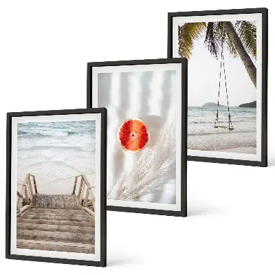 Lot de 3 tableaux pour salon représentant des vacances sur la plage avec des escaliers en bois