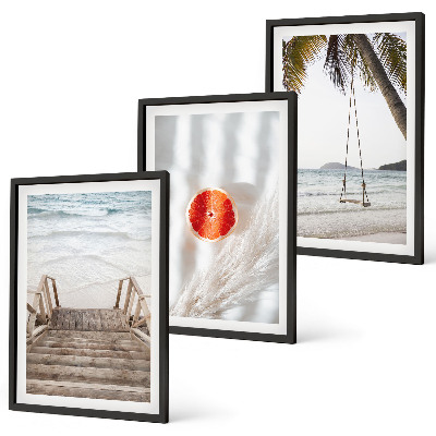 Lot de 3 tableaux pour salon Vacances sur la plage avec escaliers en bois