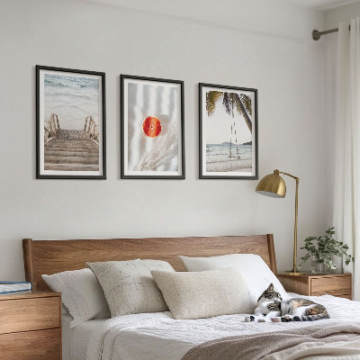 Lot de 3 tableaux pour salon Vacances sur la plage avec escaliers en bois
