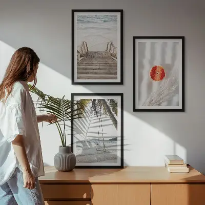 Lot de 3 tableaux pour salon représentant des vacances sur la plage avec des escaliers en bois