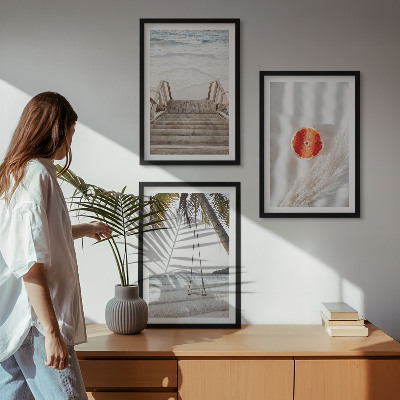 Lot de 3 tableaux pour salon Vacances sur la plage avec escaliers en bois