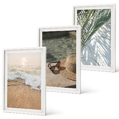 Lot de 3 tableaux pour salon Chapeau de plage et lunettes de soleil