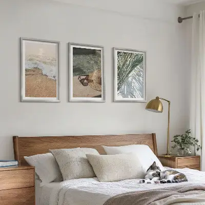 Tableaux pour salon lot de 3 avec motif chapeau de plage et lunettes de soleil