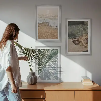 Tableaux pour salon lot de 3 avec motif chapeau de plage et lunettes de soleil