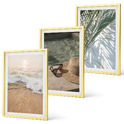 Lot de 3 tableaux pour salon Chapeau de plage et lunettes de soleil