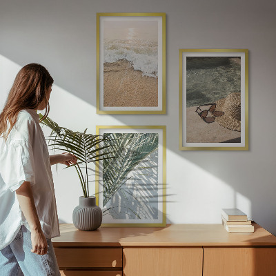 Lot de 3 tableaux pour salon Chapeau de plage et lunettes de soleil