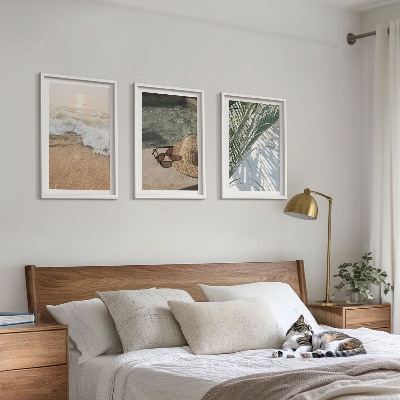 Lot de 3 tableaux pour salon Chapeau de plage et lunettes de soleil