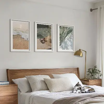 Tableaux pour salon lot de 3 avec motif chapeau de plage et lunettes de soleil