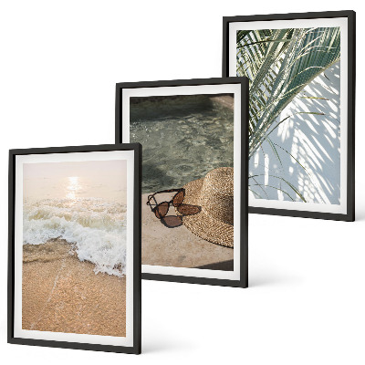 Lot de 3 tableaux pour salon Chapeau de plage et lunettes de soleil
