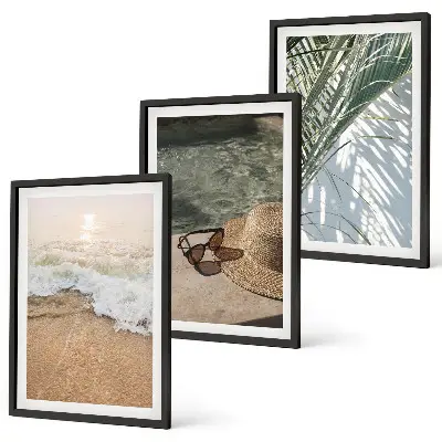 Tableaux pour salon lot de 3 avec motif chapeau de plage et lunettes de soleil