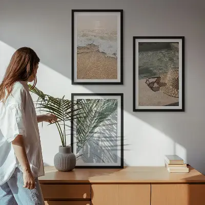 Tableaux pour salon lot de 3 avec motif chapeau de plage et lunettes de soleil