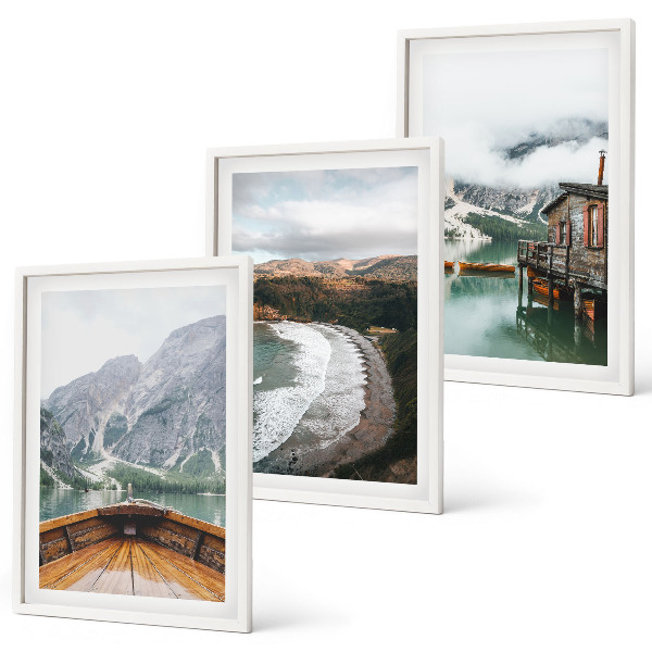 Cadre photo mural Montagnes, lac, bateau, plage, paysage