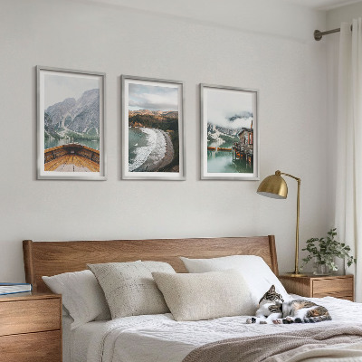 Cadre photo mural Montagnes, lac, bateau, plage, paysage