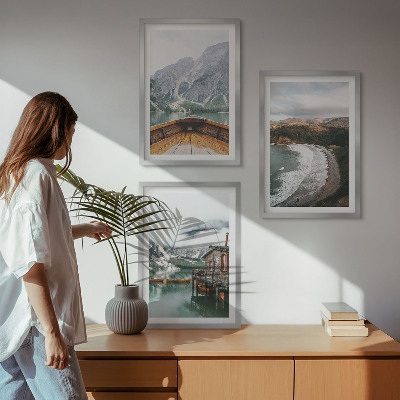 Cadre photo mural Montagnes, lac, bateau, plage, paysage