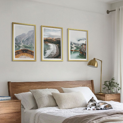 Cadre photo mural Montagnes, lac, bateau, plage, paysage