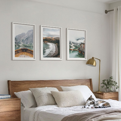Cadre photo mural Montagnes, lac, bateau, plage, paysage