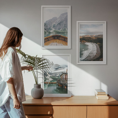 Cadre photo mural Montagnes, lac, bateau, plage, paysage