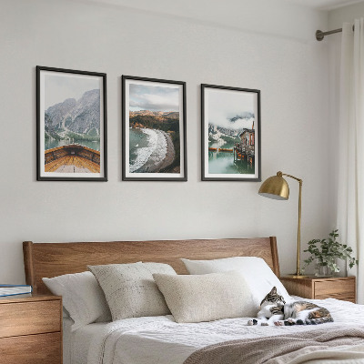 Cadre photo mural Montagnes, lac, bateau, plage, paysage