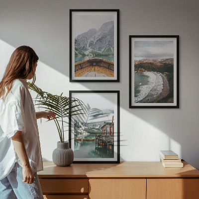 Cadre photo mural Montagnes, lac, bateau, plage, paysage